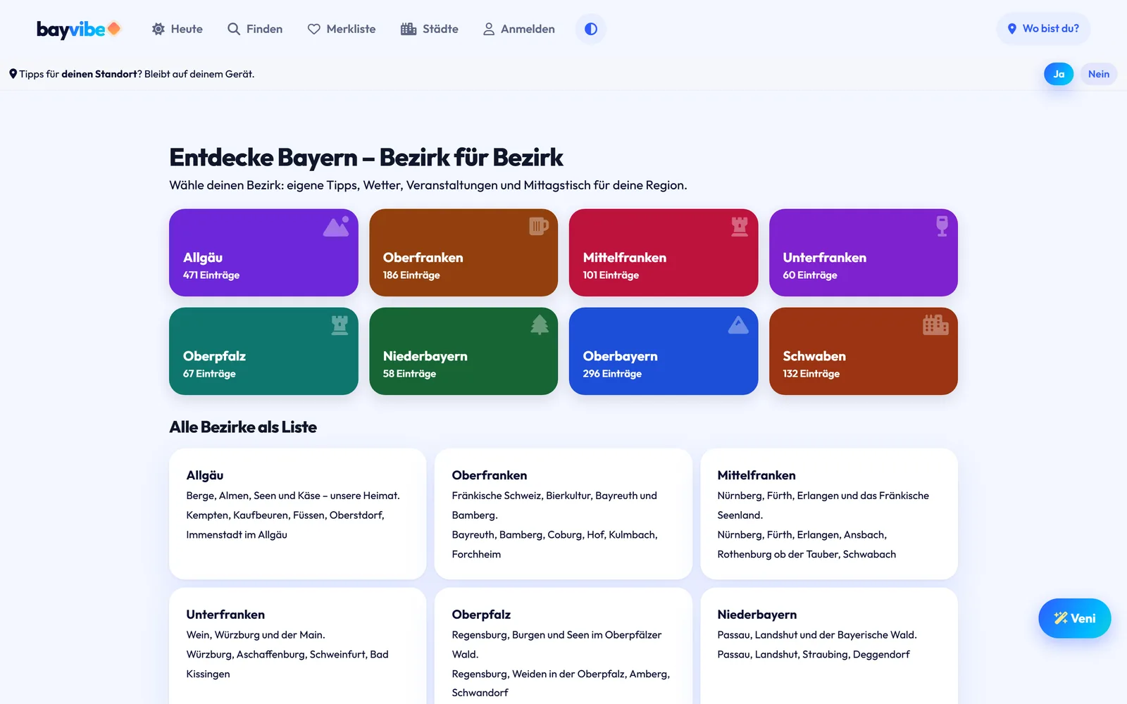 bayvibe.de: Übersicht der acht bayerischen Bezirke