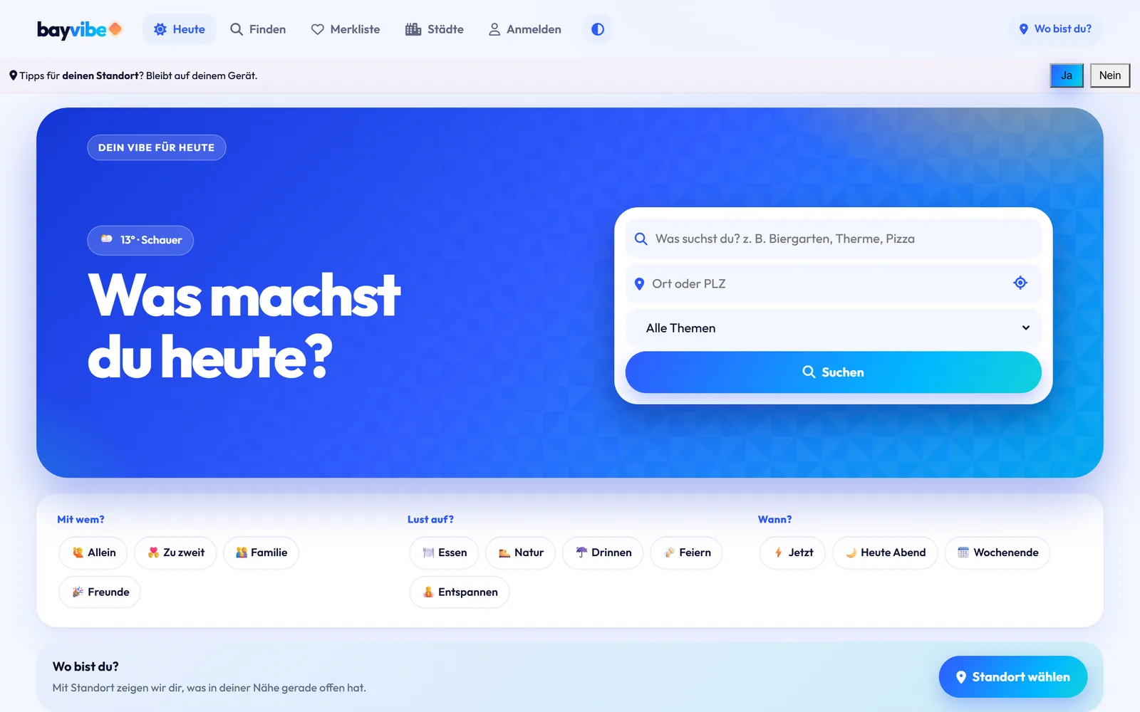 bayvibe.de: Startseite mit der Frage Was machst du heute?