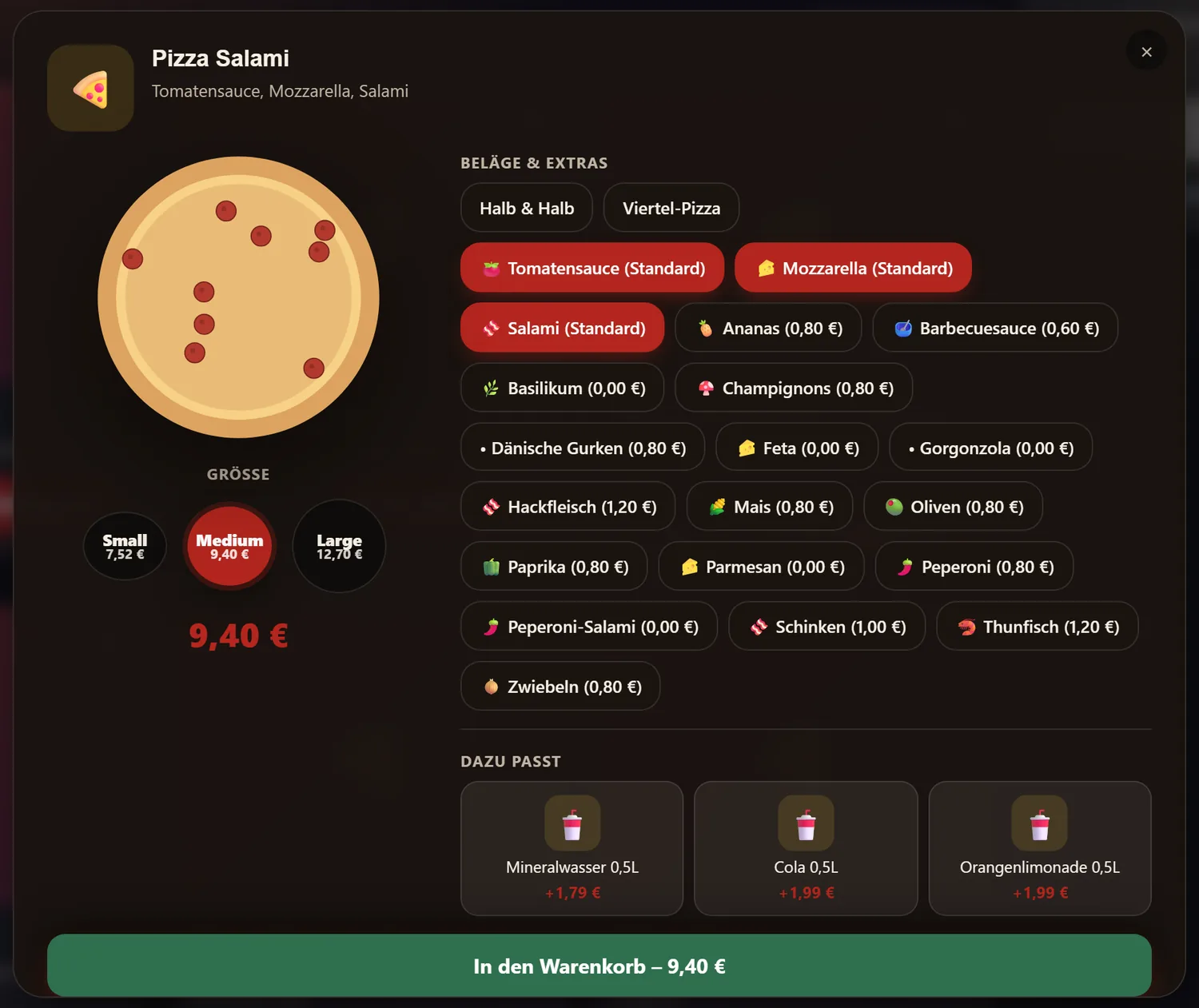 IQ-Gastro Online-Shop: Pizza-Konfigurator mit Größe, Belägen und Halb-und-Halb