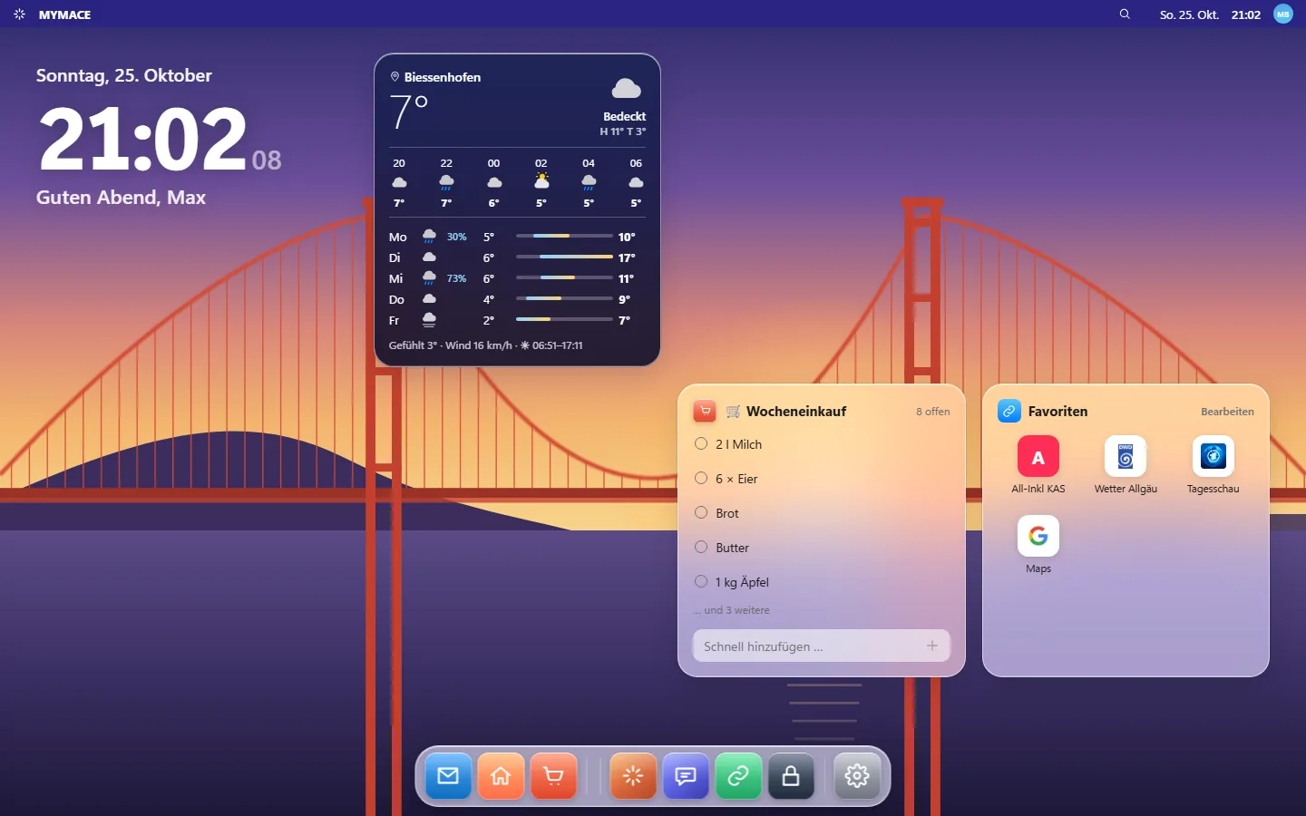 MYMACE: Desktop mit Wetter, Einkaufsliste und Favoriten
